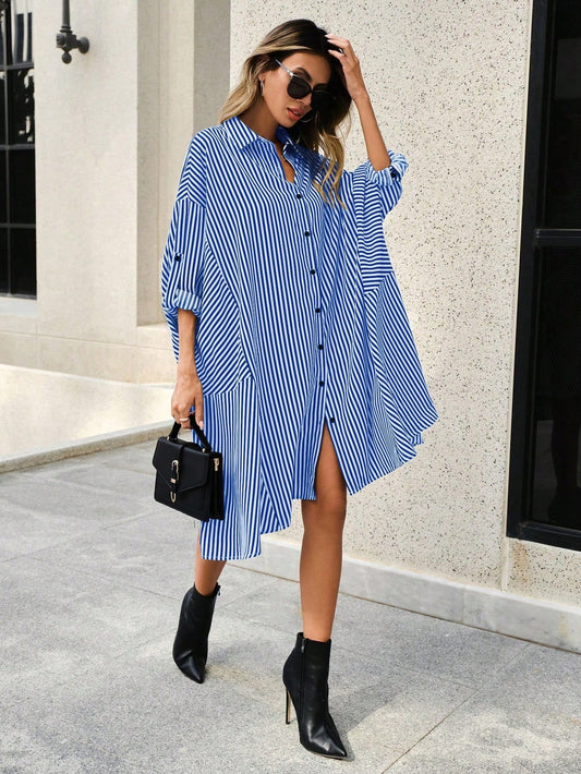 CM-DS880393 Women Casual Seoul Style Striped Print Roll Up Sleeve Button Front Shirt Dress