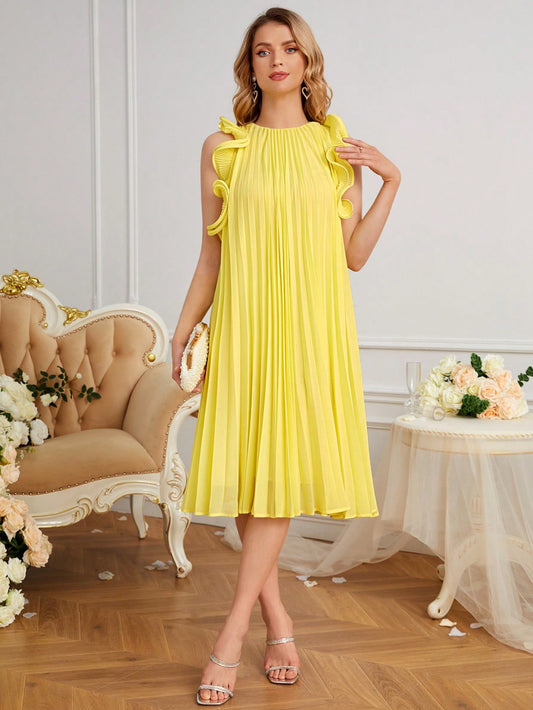CM-DS115942 Women Elegant Seoul Style Sleeveless Ruffle Trim Pleated Dress - Yellow