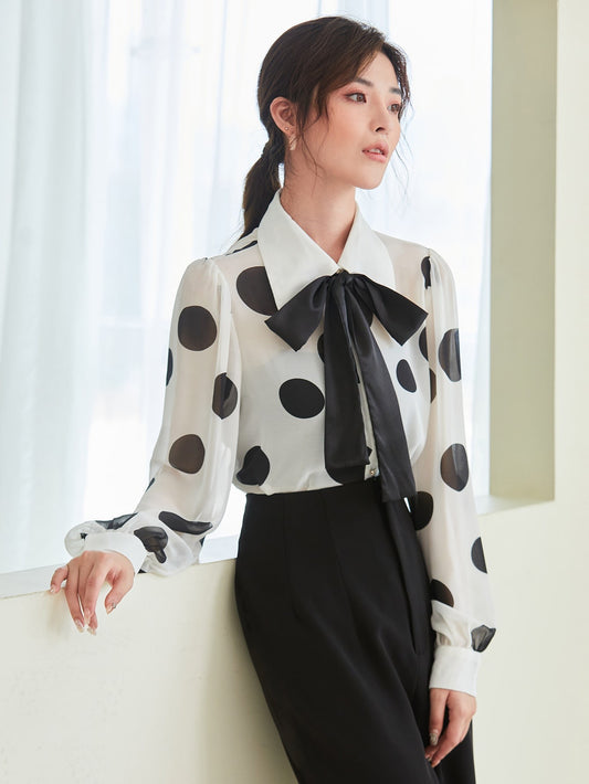 CM-TS083170 Women Elegant Seoul Style Polka Dot Tie Neck Long Sleeve Shirt