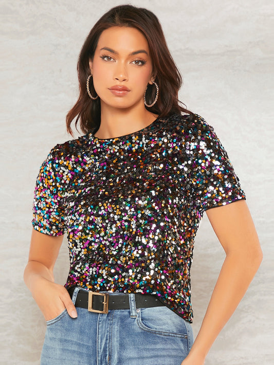 CM-TS541184 Women Elegant Seoul Style Round Neck Keyhole Back Sequin Top