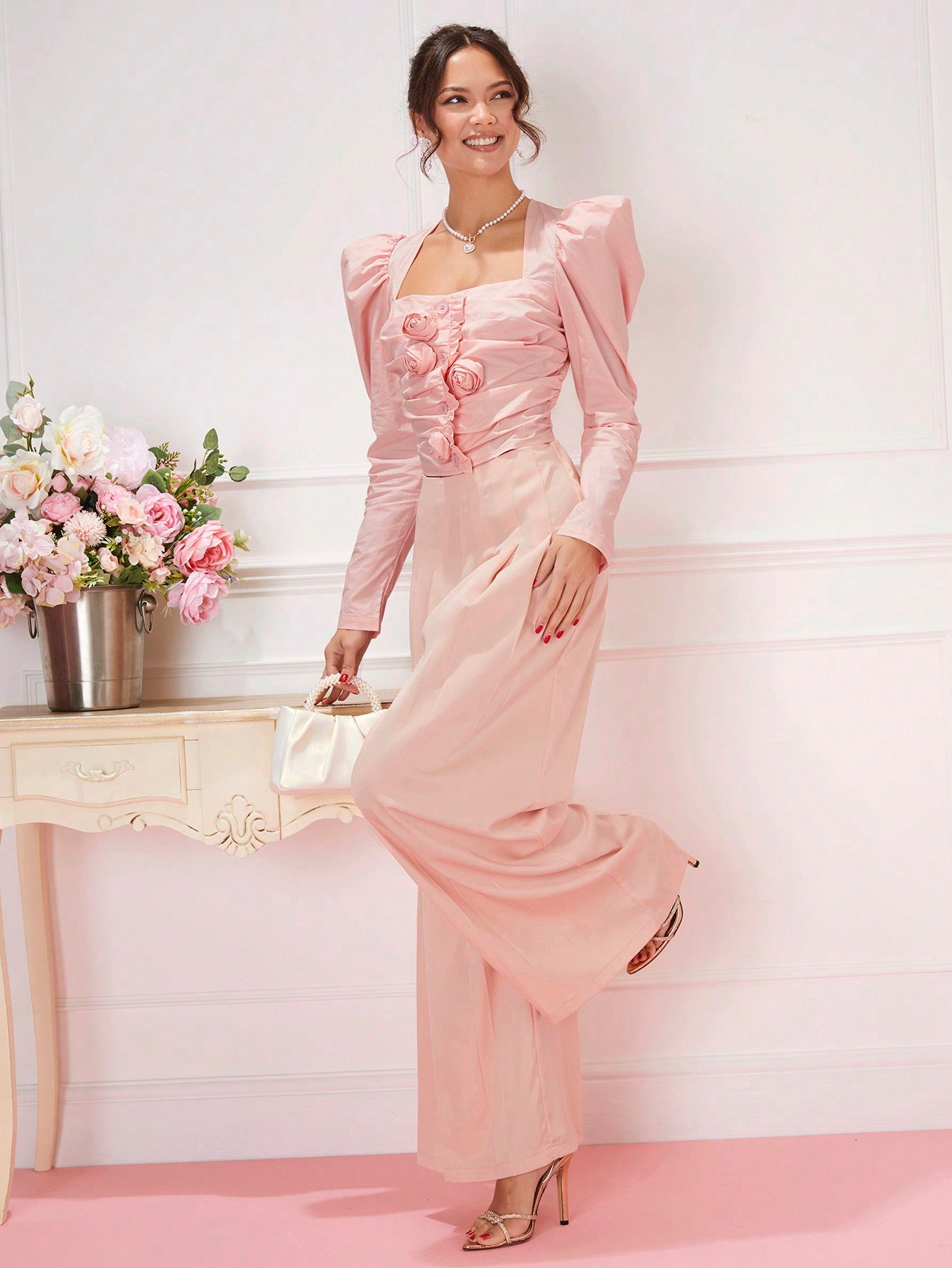 CM-TS544014 Women Elegant Seoul Style Leg Of Mutton Sleeves 3D Floral Pleated Shirt - Pink
