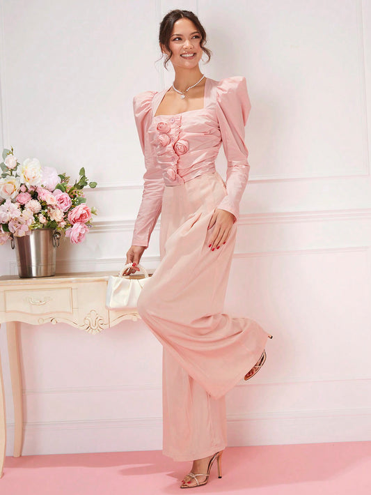 CM-TS544014 Women Elegant Seoul Style Leg Of Mutton Sleeves 3D Floral Pleated Shirt - Pink