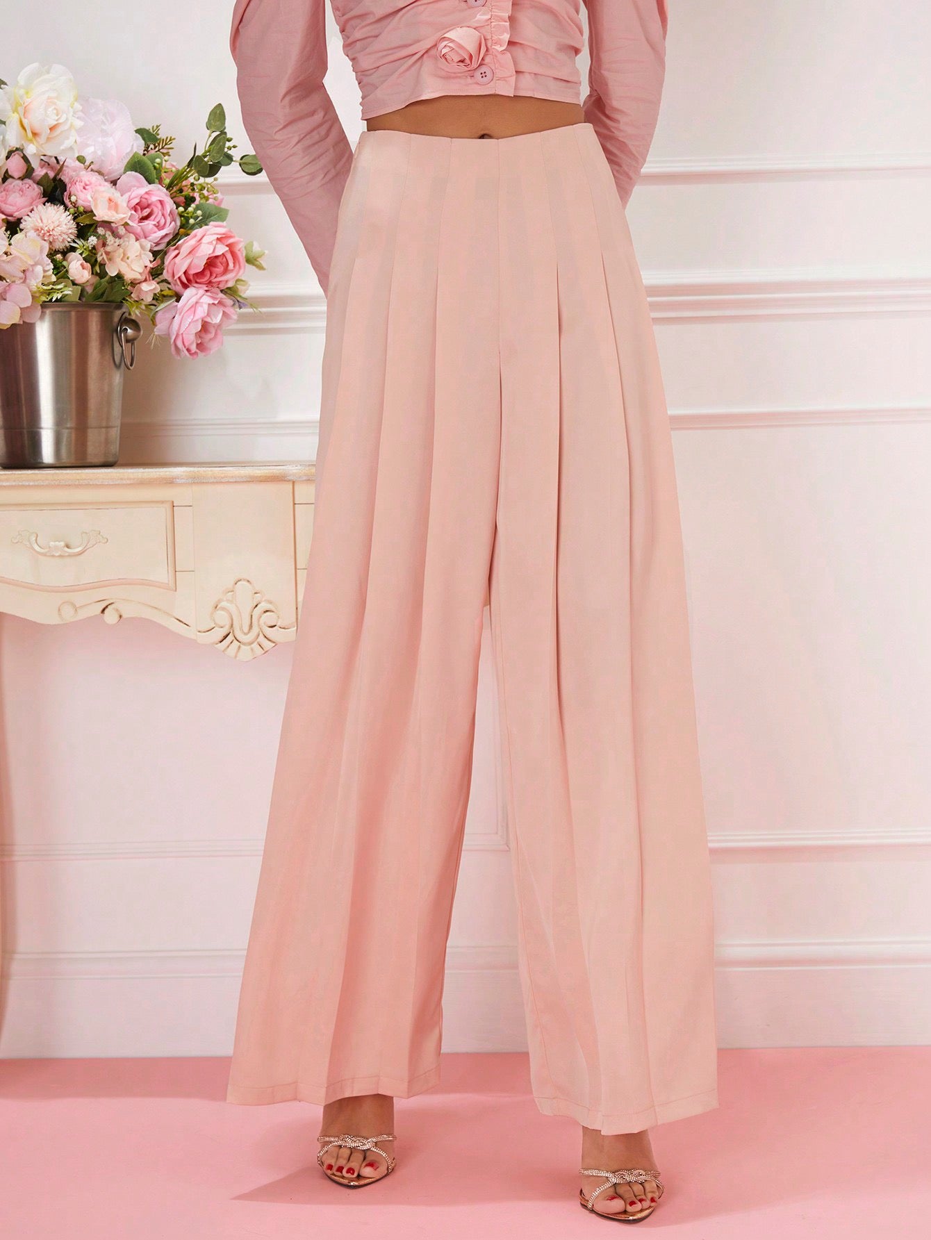 CM-BS553413 Women Elegant Seoul Style High Waist Solid Wide Leg Pants - Pink