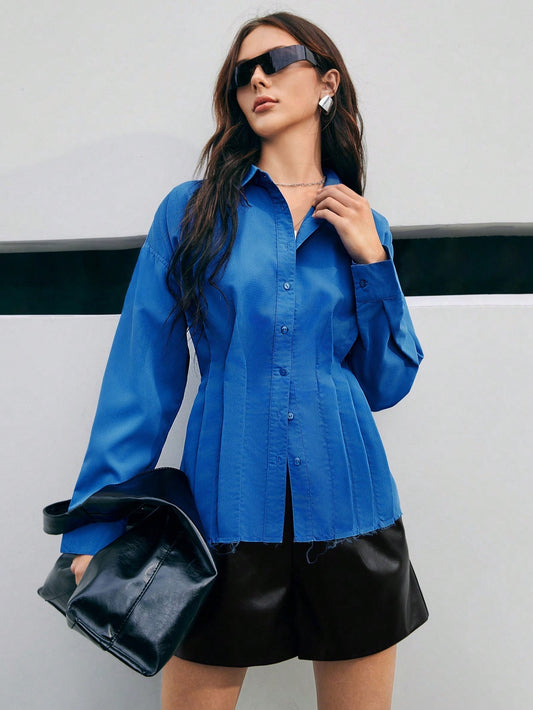 CM-TS002025 Women Elegant Seoul Style Long Sleeve Blouse With Lapel - Blue