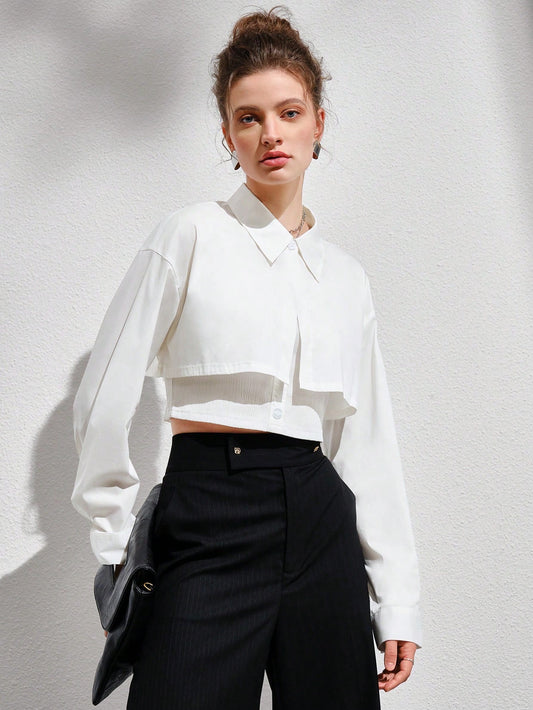CM-TS834952 Women Elegant Seoul Style Solid Drop Shoulder Crop Top With Cami Top