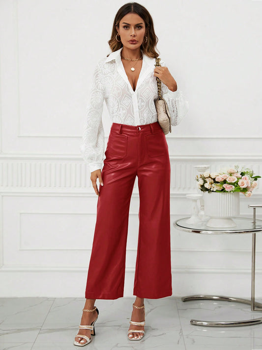 CM-BS579092 Women Casual Seoul Style High Waist PU Leather Wide Leg Pants - Red