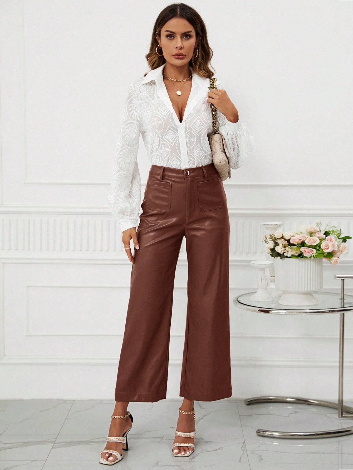 CM-BS519174 Women Casual Seoul Style High Waist PU Leather Wide Leg Pants - Coffee Brown