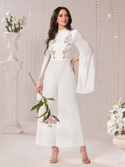 CM-JS427613 Women Elegant Seoul Style Floral Embroidery Split Sleeve Wide Leg Jumpsuit