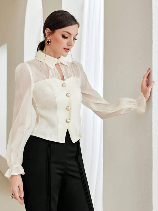CM-TS711231 Women Elegant Seoul Style Flare Sleeve Button Front Blouse - Beige
