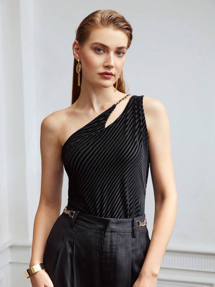 CM-TS859535 Women Casual Seoul Style Asymmetrical Neck Sleeveless Cut-Out Top - Black