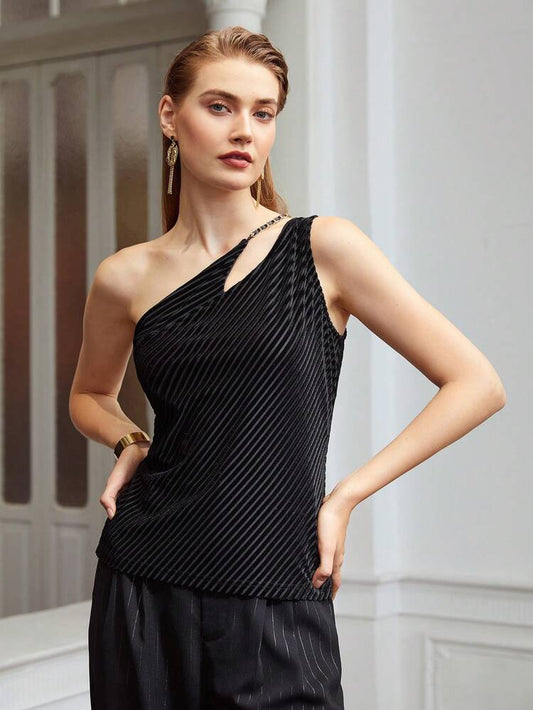 CM-TS859535 Women Casual Seoul Style Asymmetrical Neck Sleeveless Cut-Out Top - Black