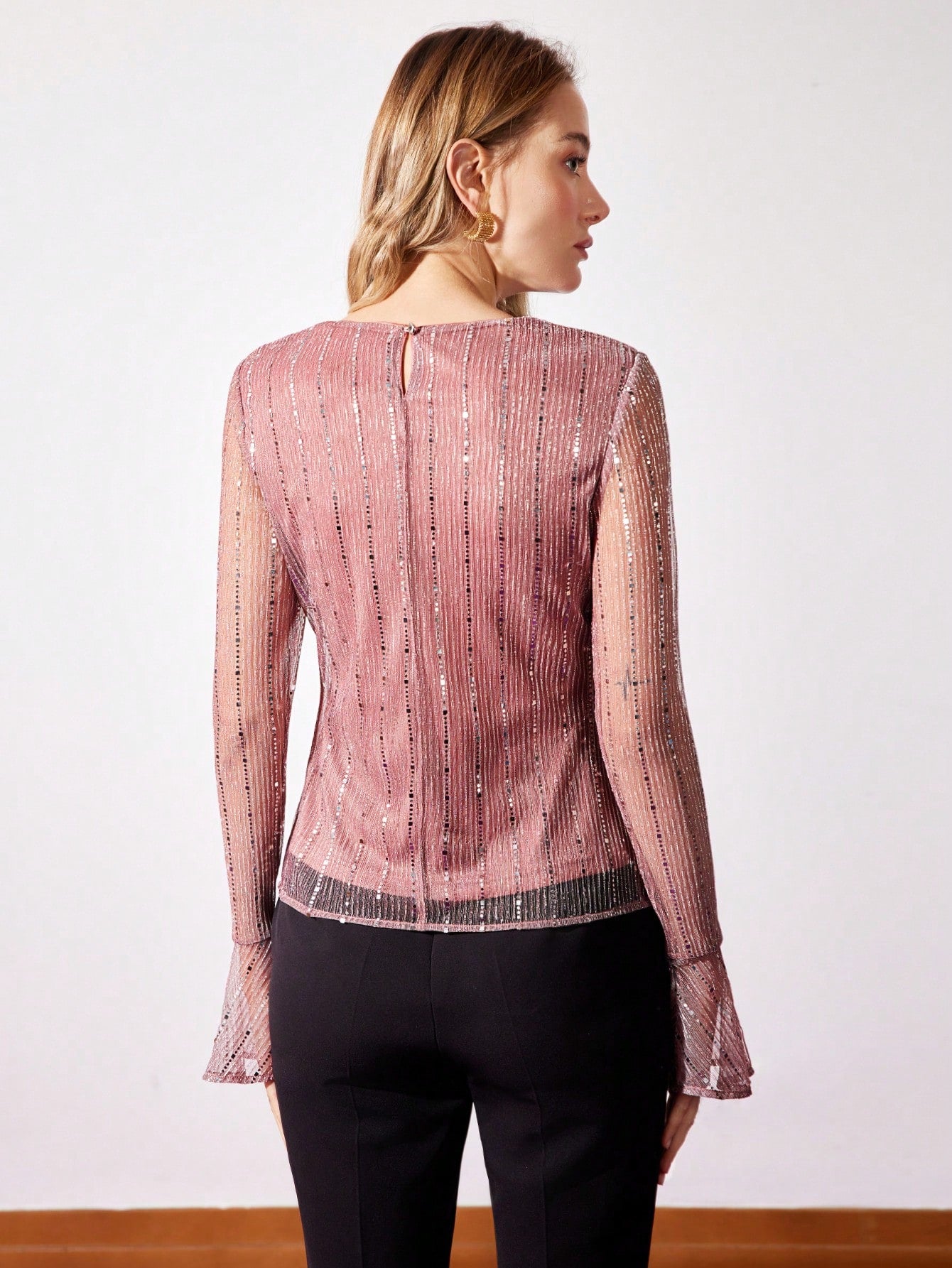 CM-TS332881 Women Elegant Seoul Style Round Neck Sequin Mesh Long Sleeve Top - Dusty Pink