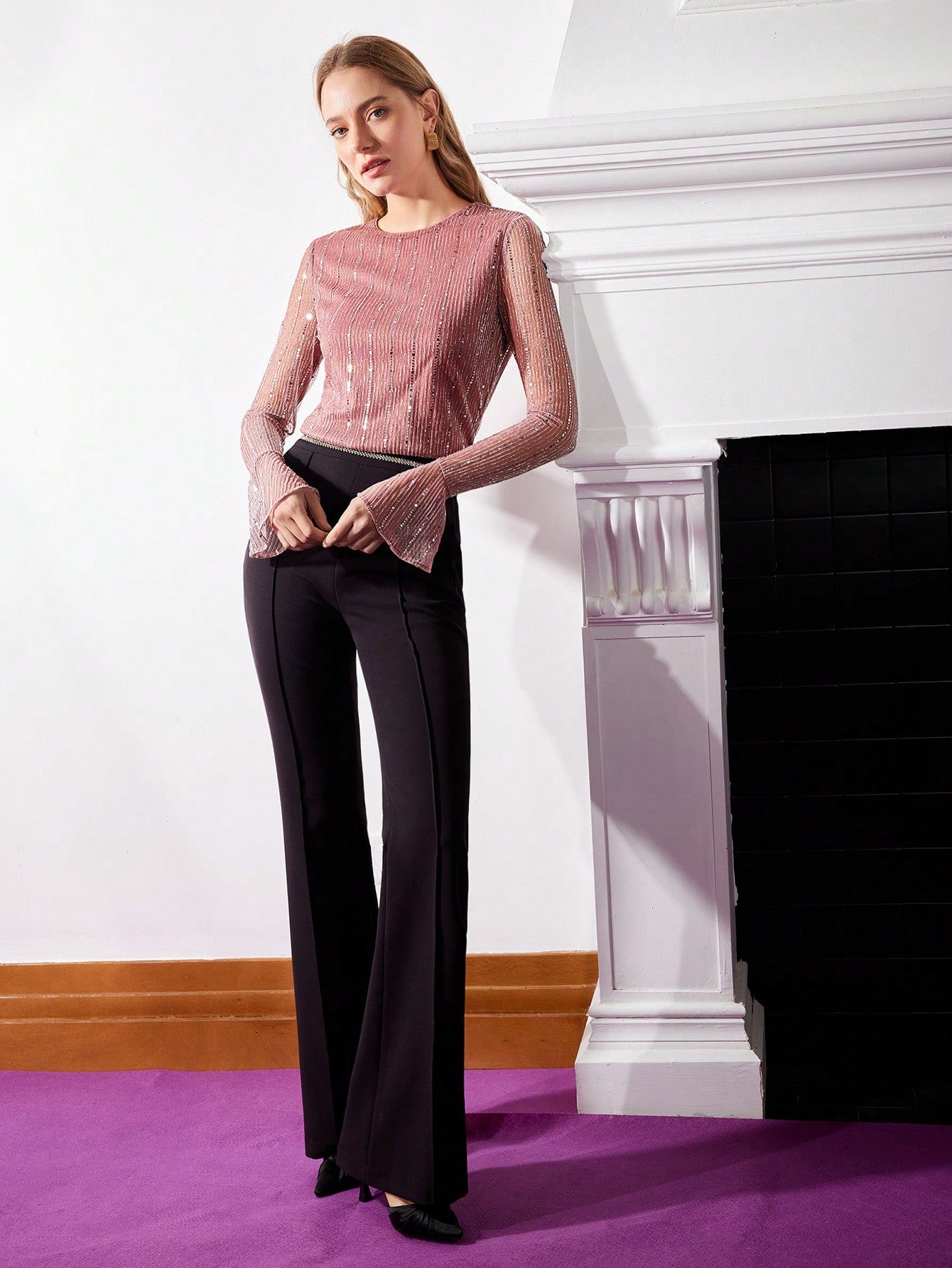 CM-TS332881 Women Elegant Seoul Style Round Neck Sequin Mesh Long Sleeve Top - Dusty Pink