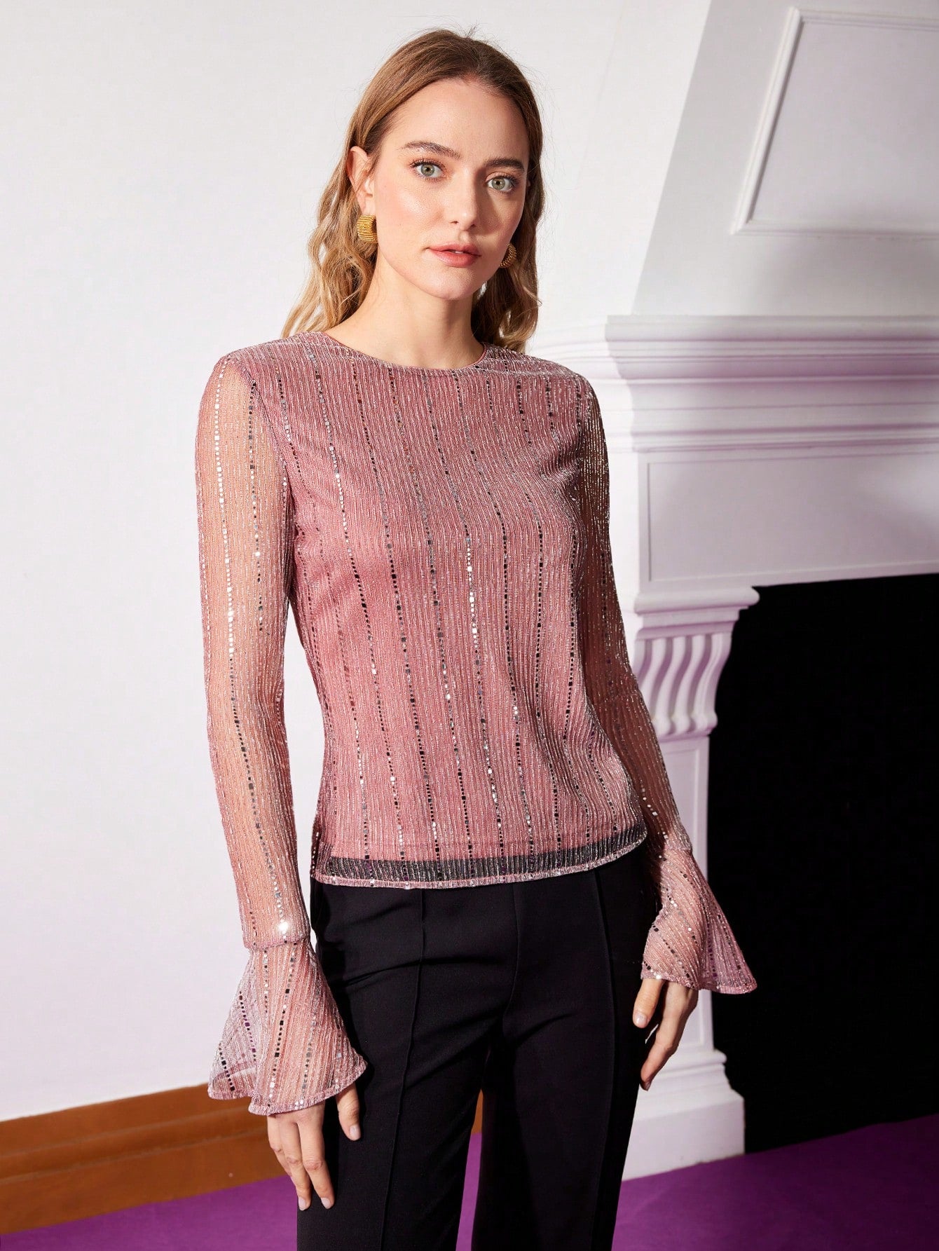 CM-TS332881 Women Elegant Seoul Style Round Neck Sequin Mesh Long Sleeve Top - Dusty Pink