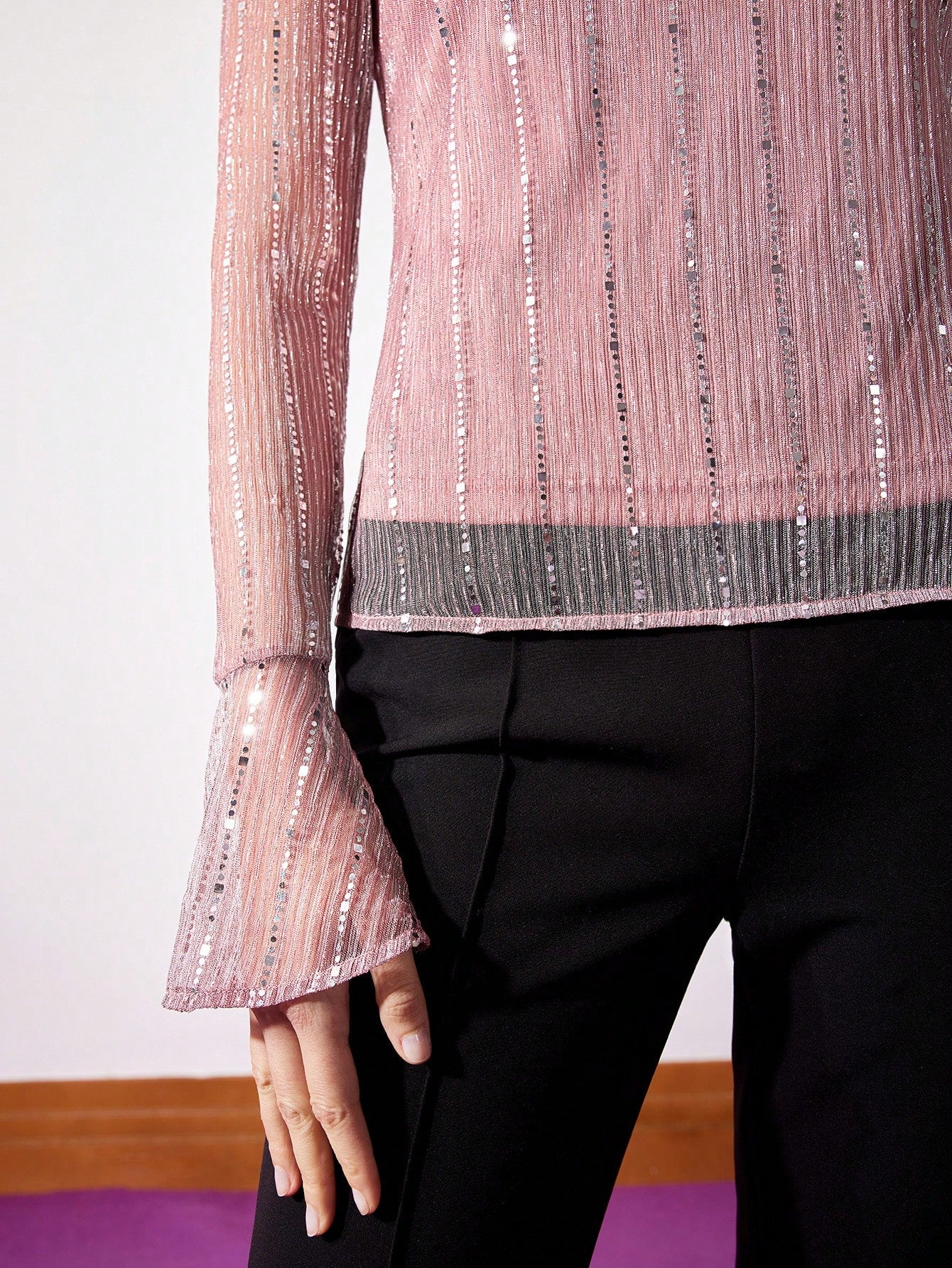 CM-TS332881 Women Elegant Seoul Style Round Neck Sequin Mesh Long Sleeve Top - Dusty Pink
