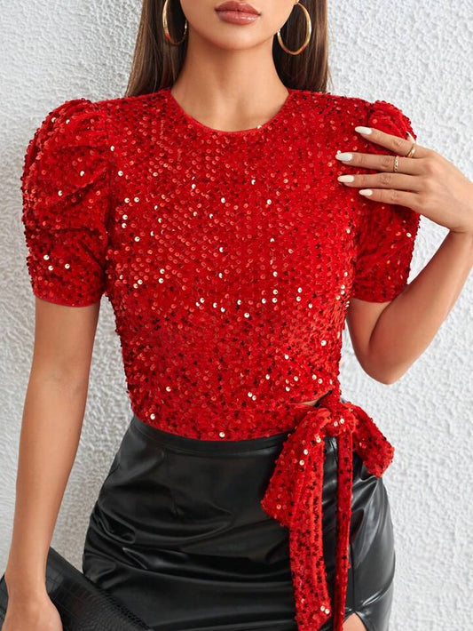 CM-TS044941 Women Elegant Seoul Style Puff Sleeve Knot Side Sequin Blouse - Red