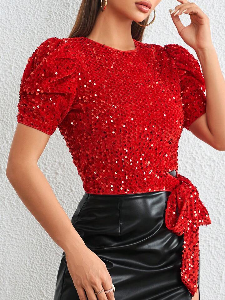 CM-TS044941 Women Elegant Seoul Style Puff Sleeve Knot Side Sequin Blouse - Red