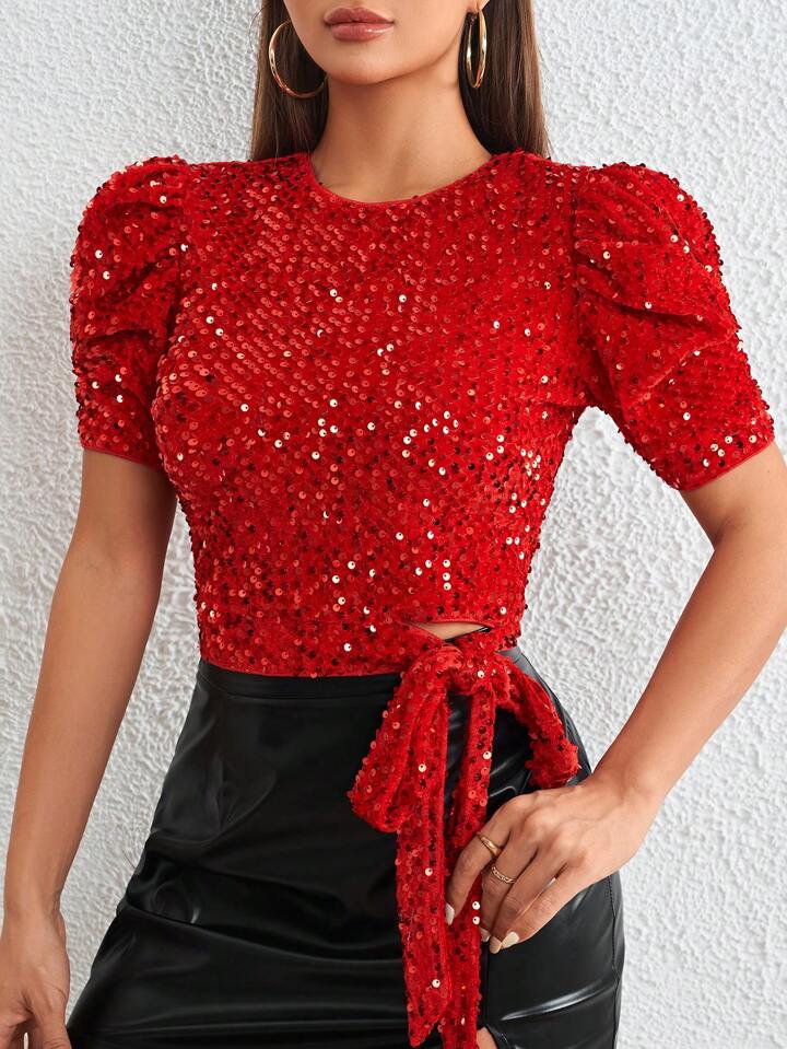 CM-TS044941 Women Elegant Seoul Style Puff Sleeve Knot Side Sequin Blouse - Red