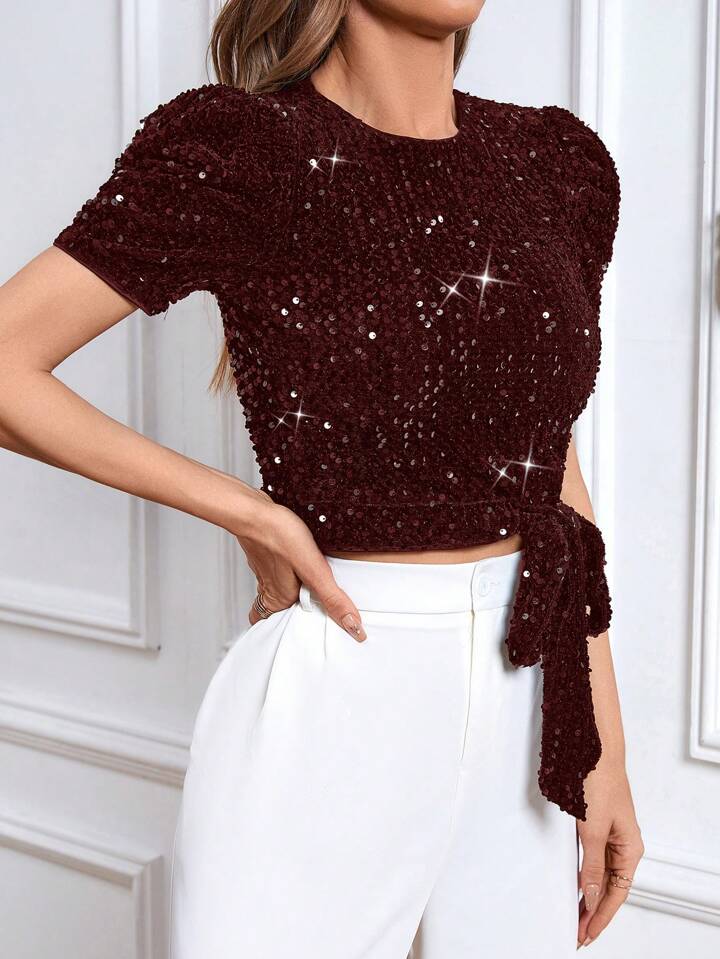 CM-TS036634 Women Elegant Seoul Style Puff Sleeve Knot Side Sequin Blouse - Burgundy