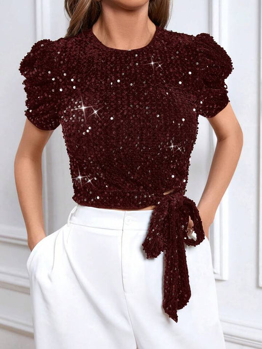 CM-TS036634 Women Elegant Seoul Style Puff Sleeve Knot Side Sequin Blouse - Burgundy