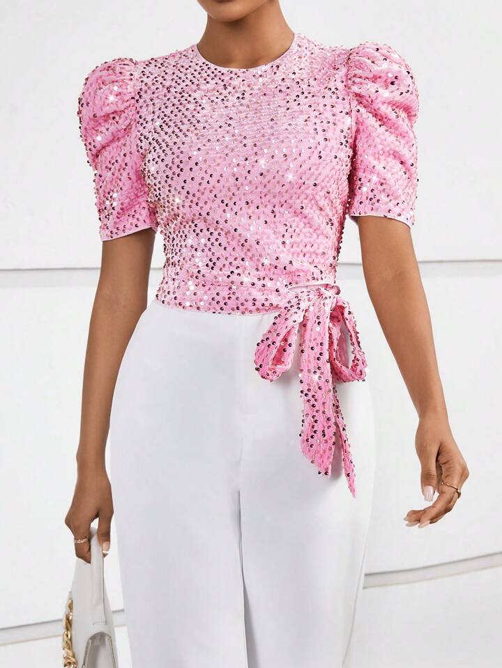 CM-TS022322 Women Elegant Seoul Style Puff Sleeve Knot Side Sequin Blouse - Pink