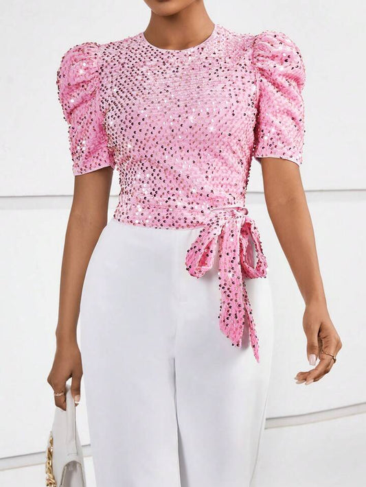 CM-TS022322 Women Elegant Seoul Style Puff Sleeve Knot Side Sequin Blouse - Pink