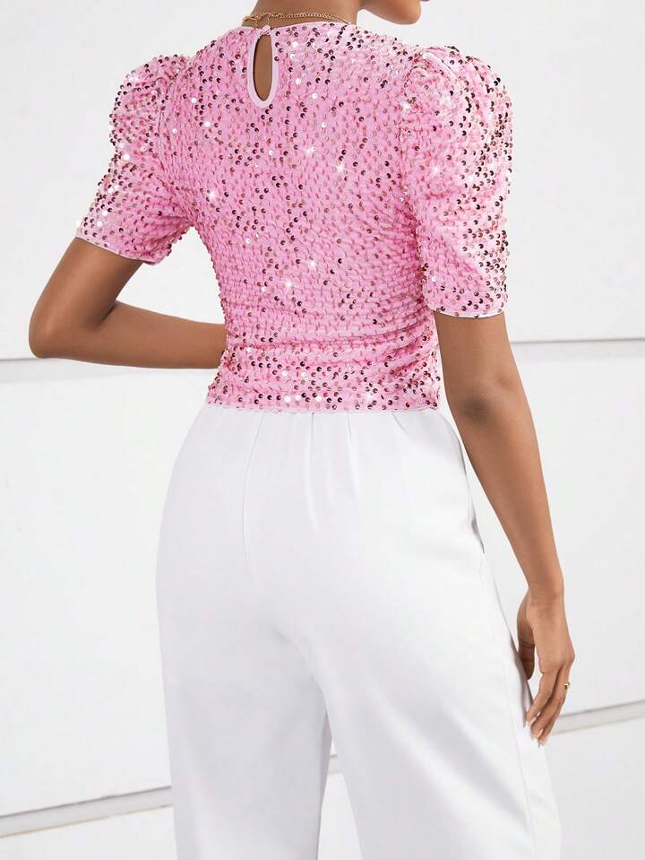 CM-TS022322 Women Elegant Seoul Style Puff Sleeve Knot Side Sequin Blouse - Pink