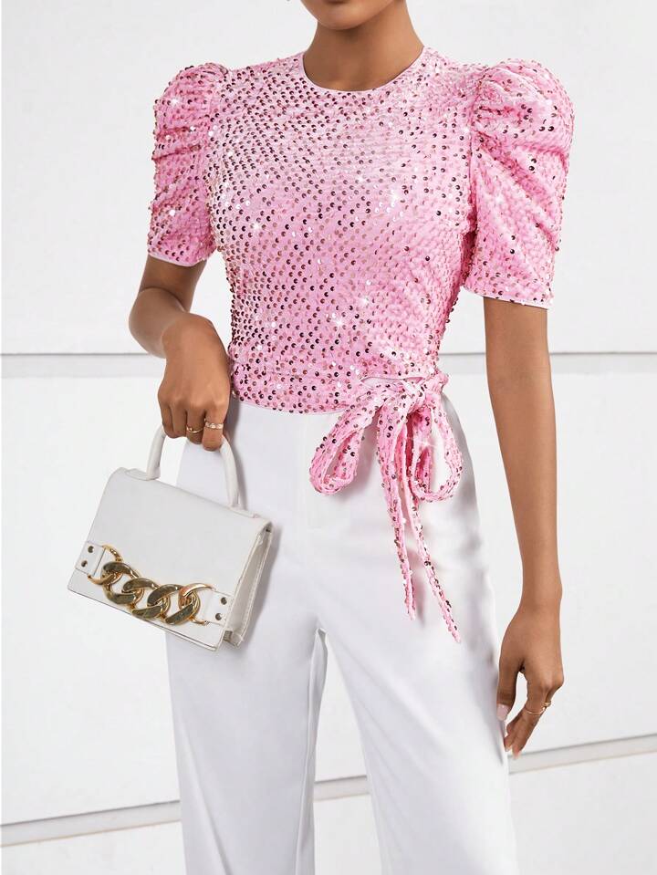 CM-TS022322 Women Elegant Seoul Style Puff Sleeve Knot Side Sequin Blouse - Pink