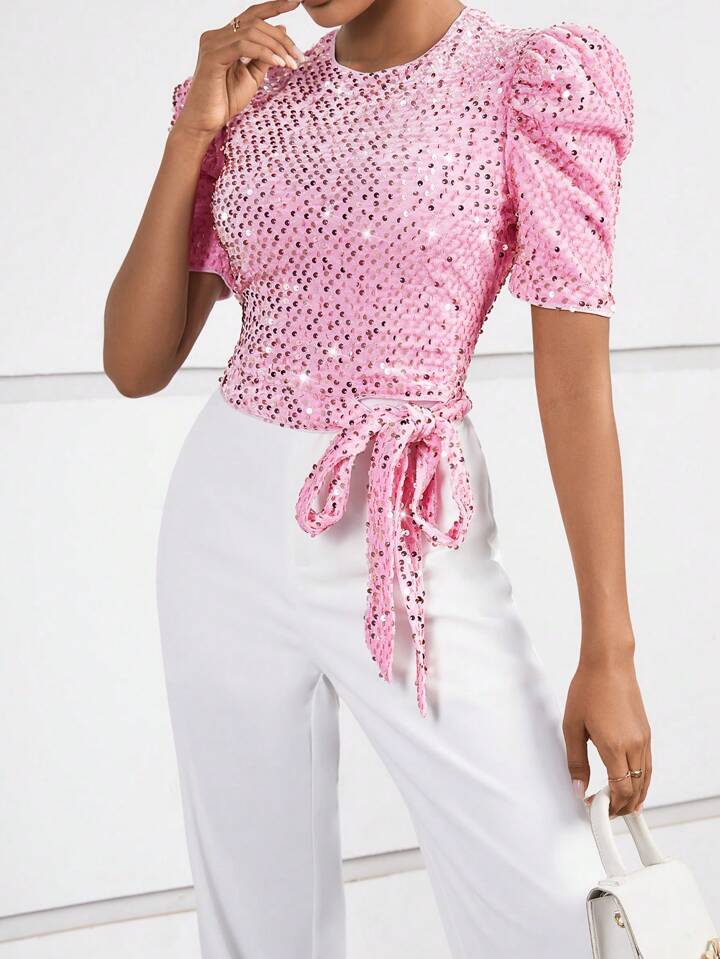 CM-TS022322 Women Elegant Seoul Style Puff Sleeve Knot Side Sequin Blouse - Pink