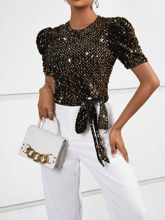 CM-TS016727 Women Elegant Seoul Style Puff Sleeve Knot Side Sequin Blouse - Gold