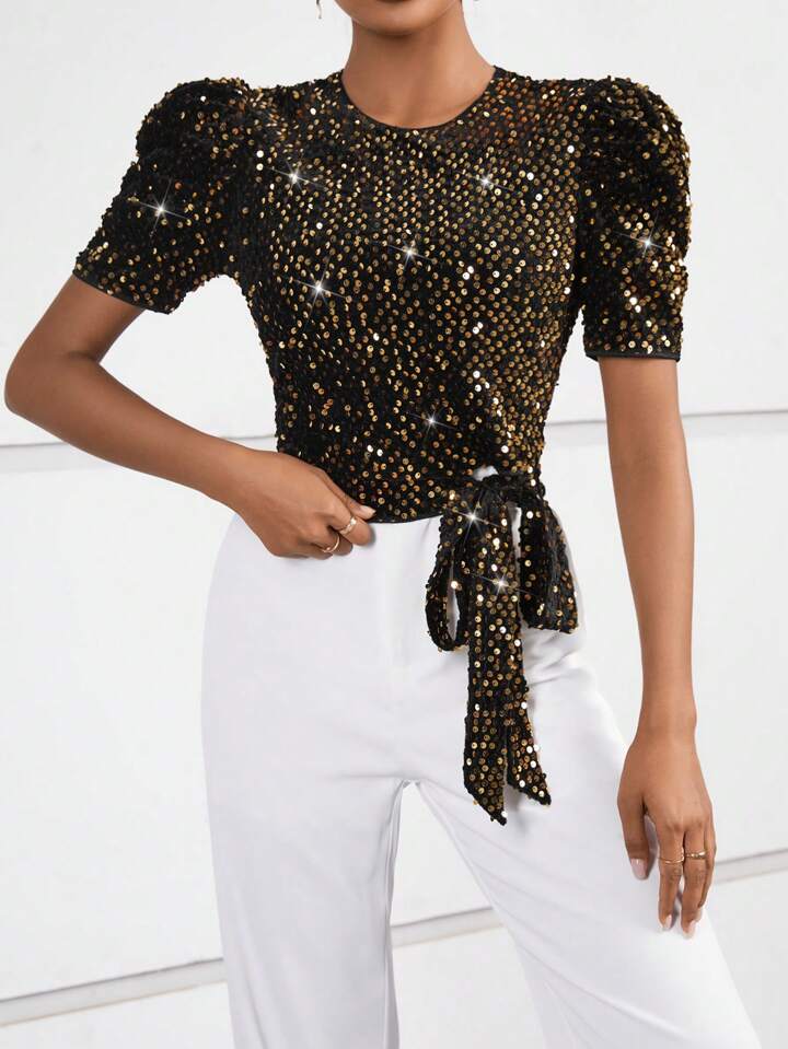 CM-TS016727 Women Elegant Seoul Style Puff Sleeve Knot Side Sequin Blouse - Gold