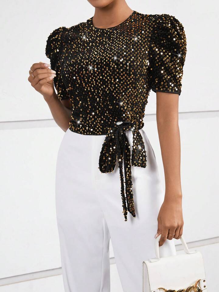 CM-TS016727 Women Elegant Seoul Style Puff Sleeve Knot Side Sequin Blouse - Gold