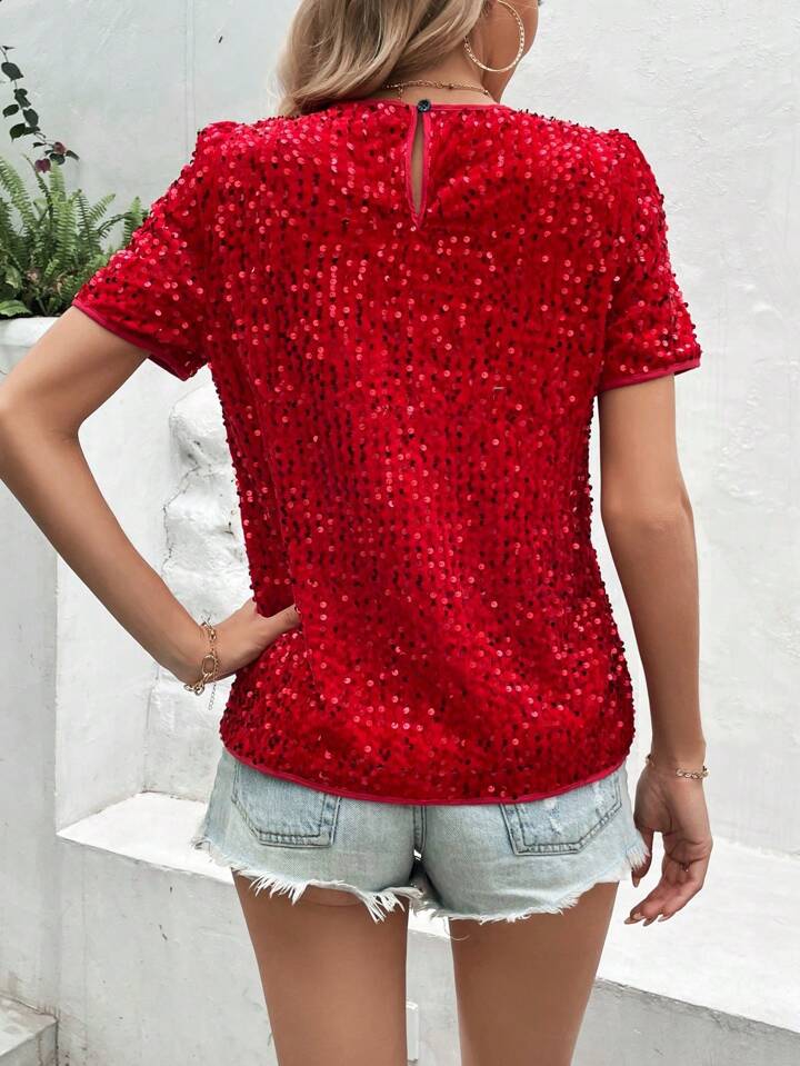CM-TS737171 Women Elegant Seoul Style Sequin Round Neck Short Sleeve Blouse - Red