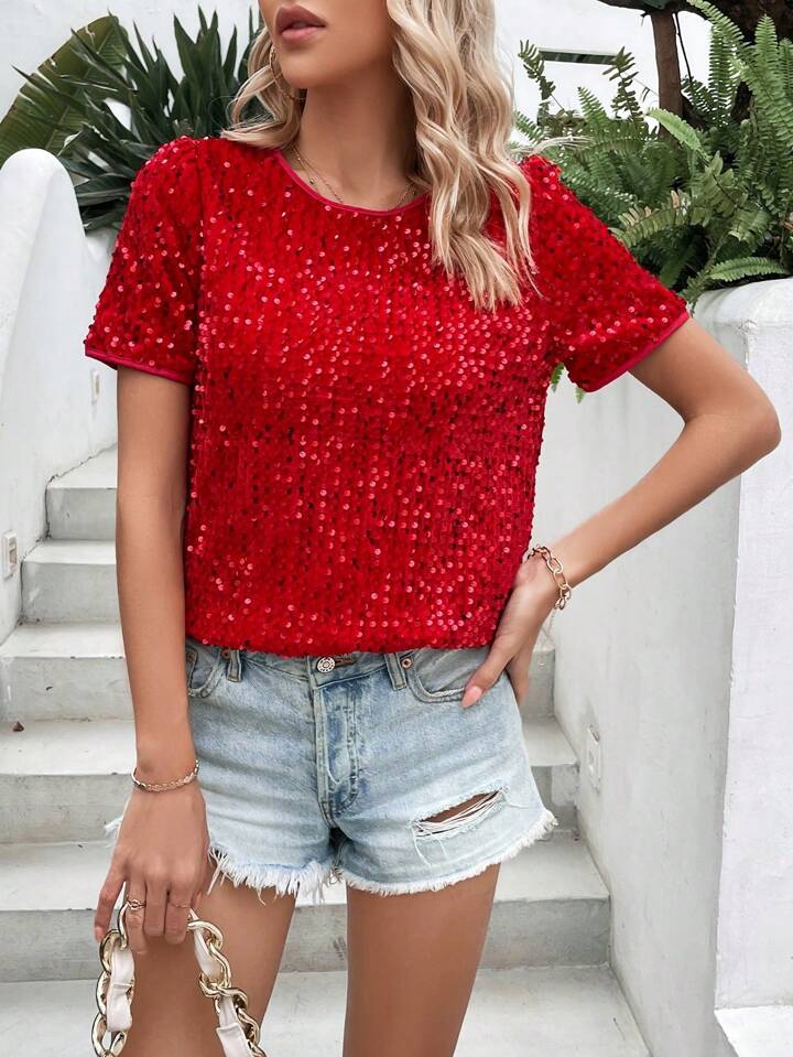CM-TS737171 Women Elegant Seoul Style Sequin Round Neck Short Sleeve Blouse - Red