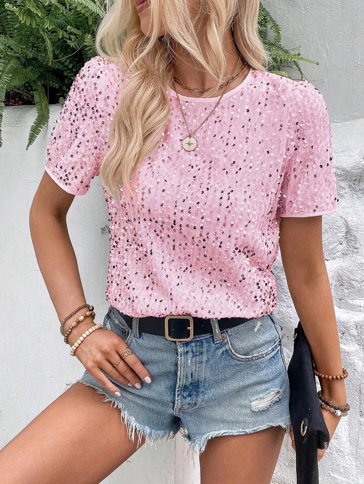 CM-TS491891 Women Elegant Seoul Style Sequin Round Neck Short Sleeve Blouse - Pink