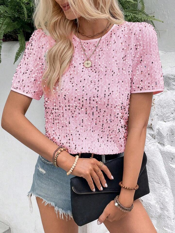 CM-TS491891 Women Elegant Seoul Style Sequin Round Neck Short Sleeve Blouse - Pink