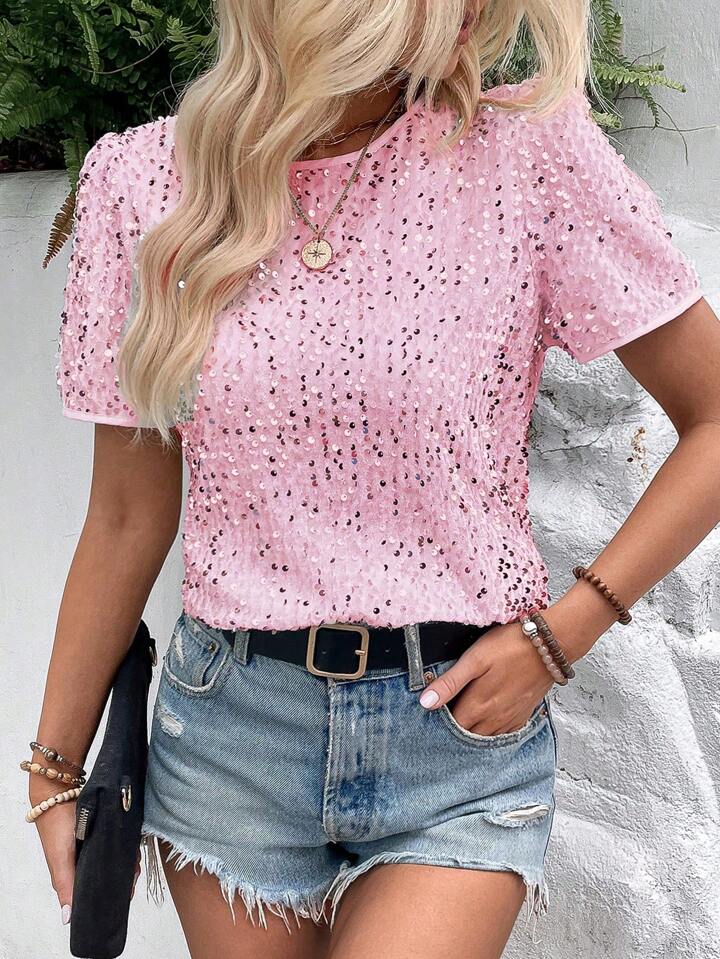 CM-TS491891 Women Elegant Seoul Style Sequin Round Neck Short Sleeve Blouse - Pink