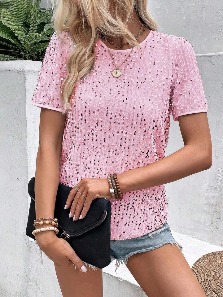 CM-TS491891 Women Elegant Seoul Style Sequin Round Neck Short Sleeve Blouse - Pink