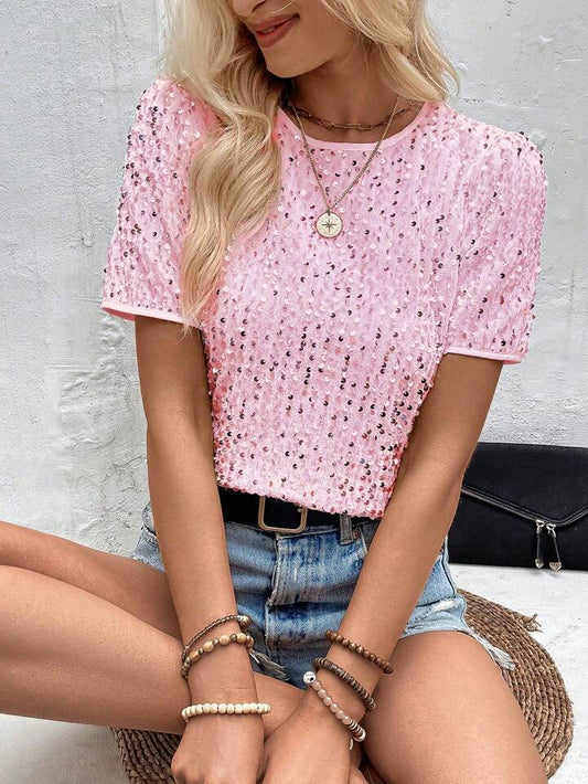 CM-TS491891 Women Elegant Seoul Style Sequin Round Neck Short Sleeve Blouse - Pink