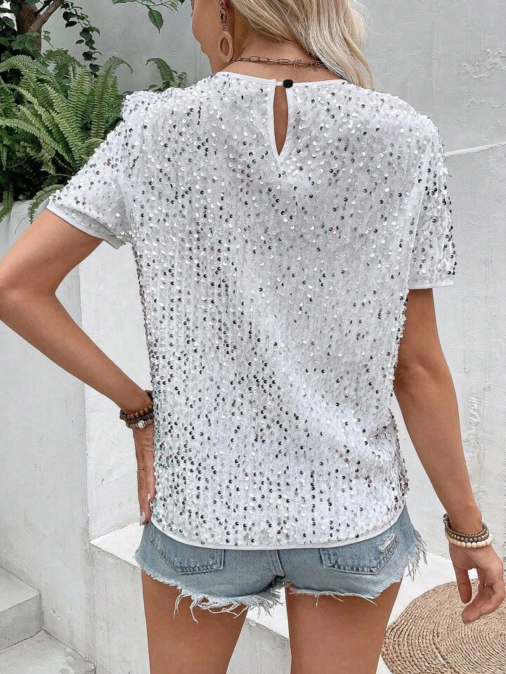 CM-TS992976 Women Elegant Seoul Style Sequin Round Neck Short Sleeve Blouse - White