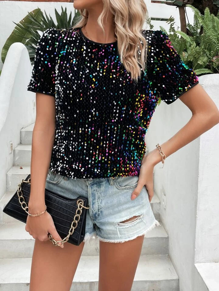 CM-TS237226 Women Elegant Seoul Style Sequin Round Neck Short Sleeve Blouse - Black