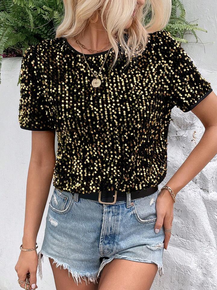 CM-TS719722 Women Elegant Seoul Style Sequin Round Neck Short Sleeve Blouse - Gold