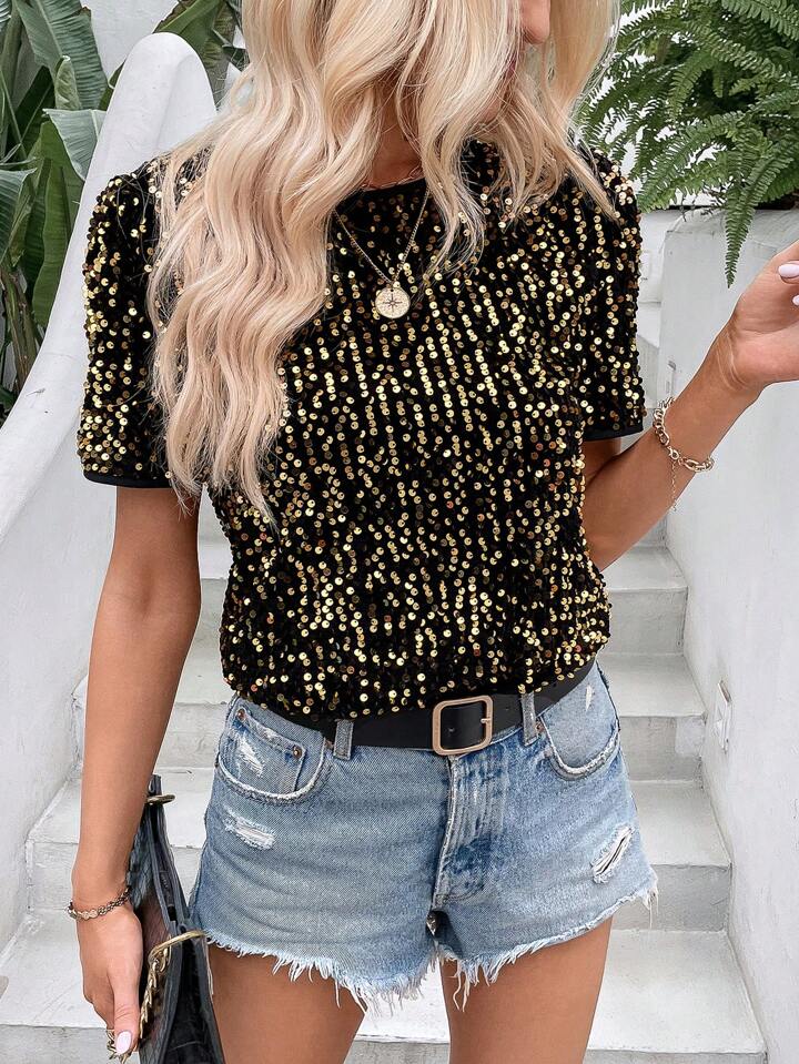 CM-TS719722 Women Elegant Seoul Style Sequin Round Neck Short Sleeve Blouse - Gold