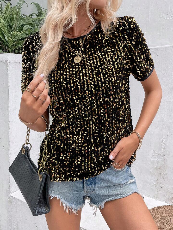 CM-TS719722 Women Elegant Seoul Style Sequin Round Neck Short Sleeve Blouse - Gold
