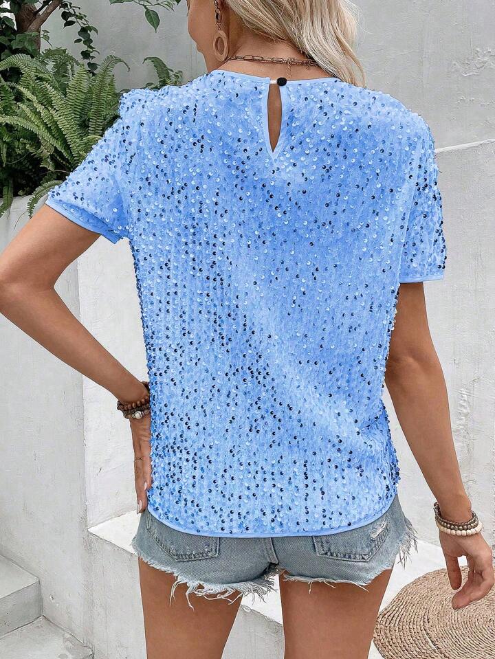 CM-TS577444 Women Elegant Seoul Style Sequin Round Neck Short Sleeve Blouse - Blue