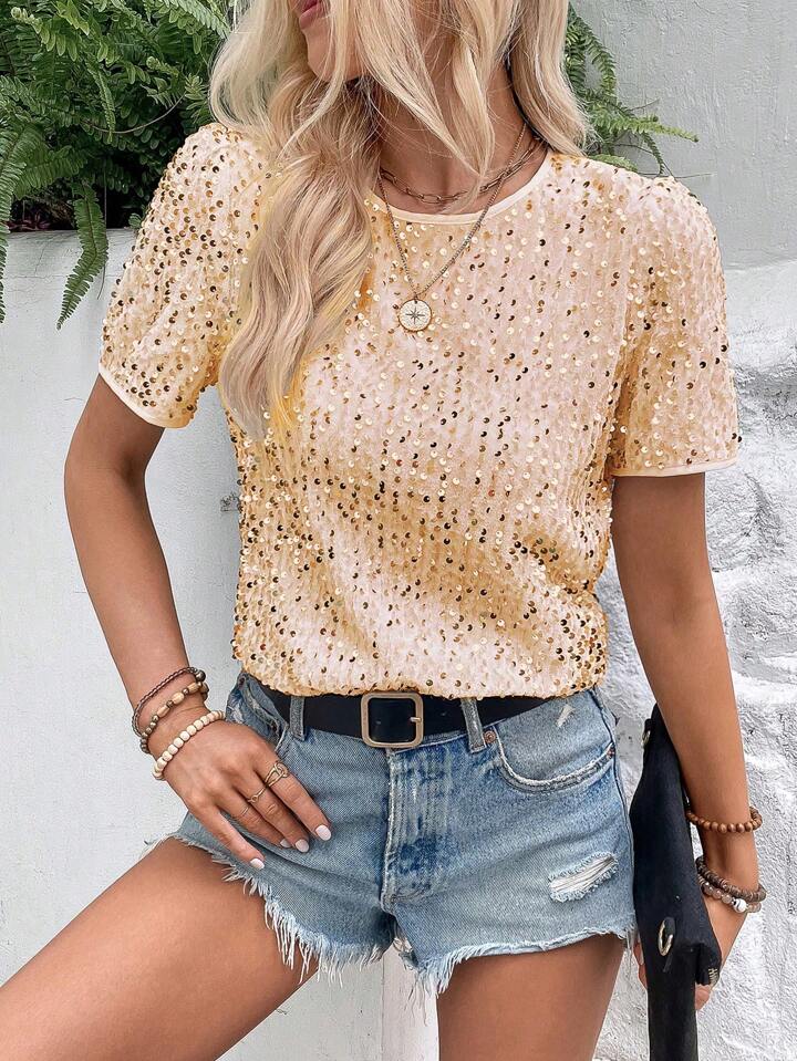 CM-TS685955 Women Elegant Seoul Style Sequin Round Neck Short Sleeve Blouse - Apricot