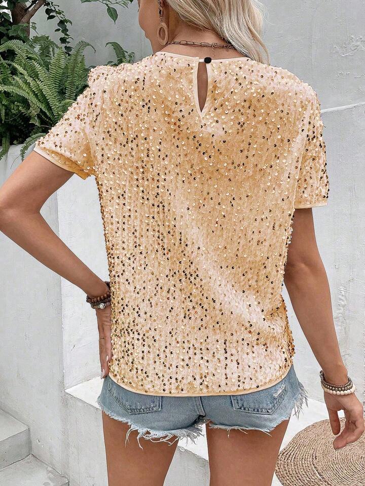 CM-TS685955 Women Elegant Seoul Style Sequin Round Neck Short Sleeve Blouse - Apricot