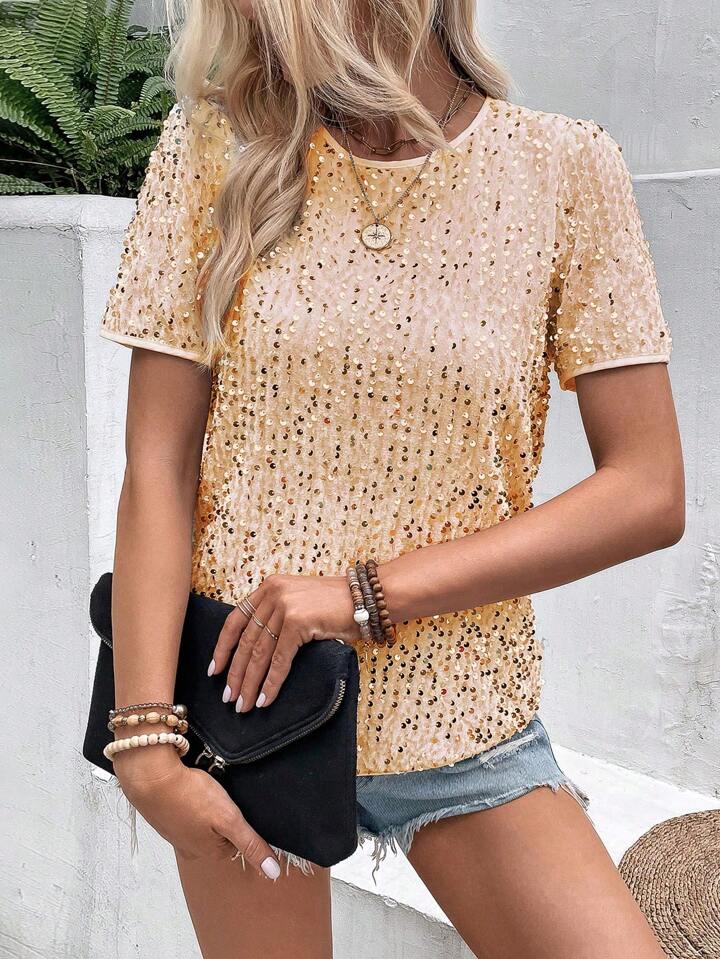 CM-TS685955 Women Elegant Seoul Style Sequin Round Neck Short Sleeve Blouse - Apricot