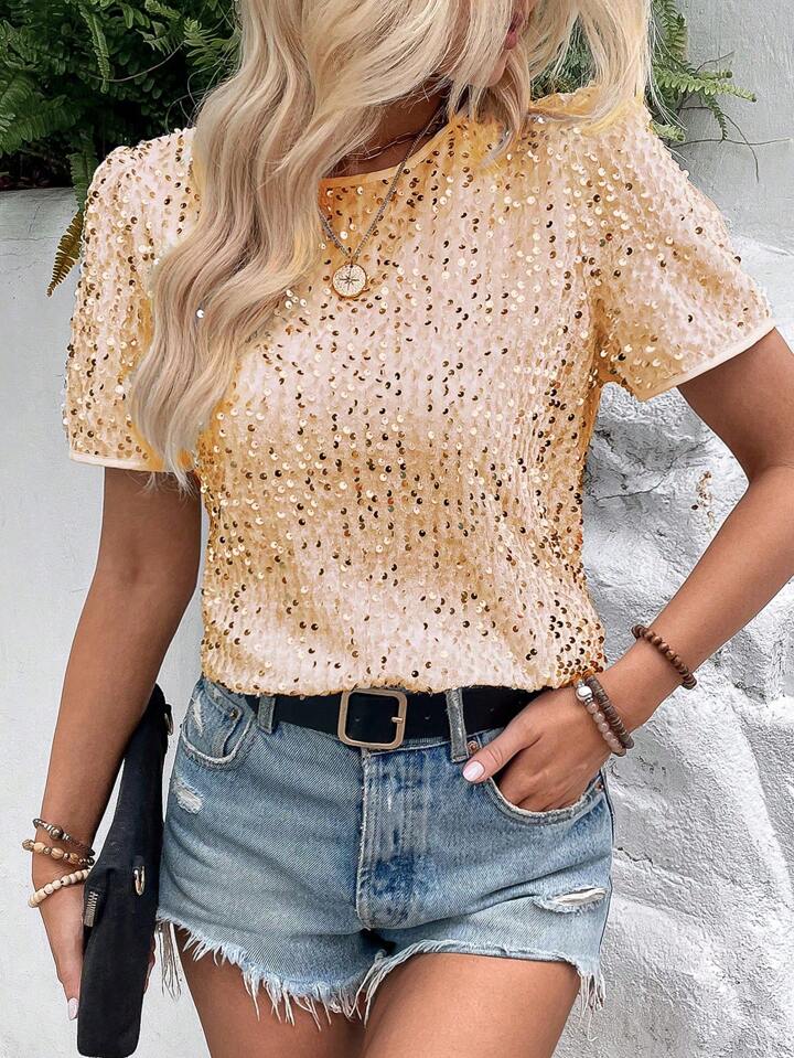 CM-TS685955 Women Elegant Seoul Style Sequin Round Neck Short Sleeve Blouse - Apricot