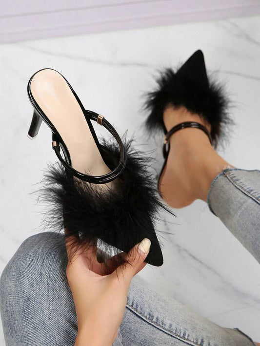 CM-SHS152558 Women Trendy Seoul Style Fluffy Point Toe Multi-Way Wear Pumps - Black